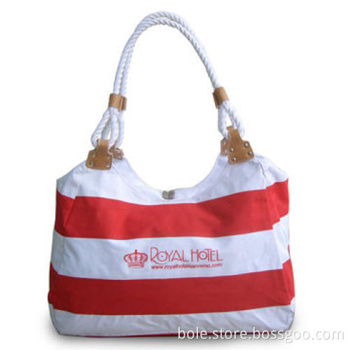 600D Polyester Duffel Bags with Nice Cotton Handle and White/Red Stripe Design, Customized Logos
